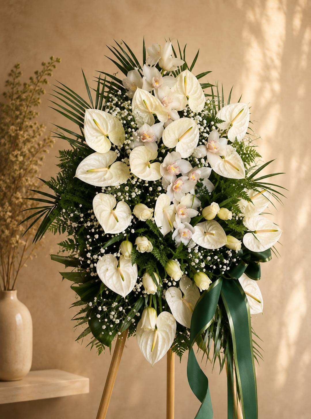 Coroa de antúrios e orquídeas brancas