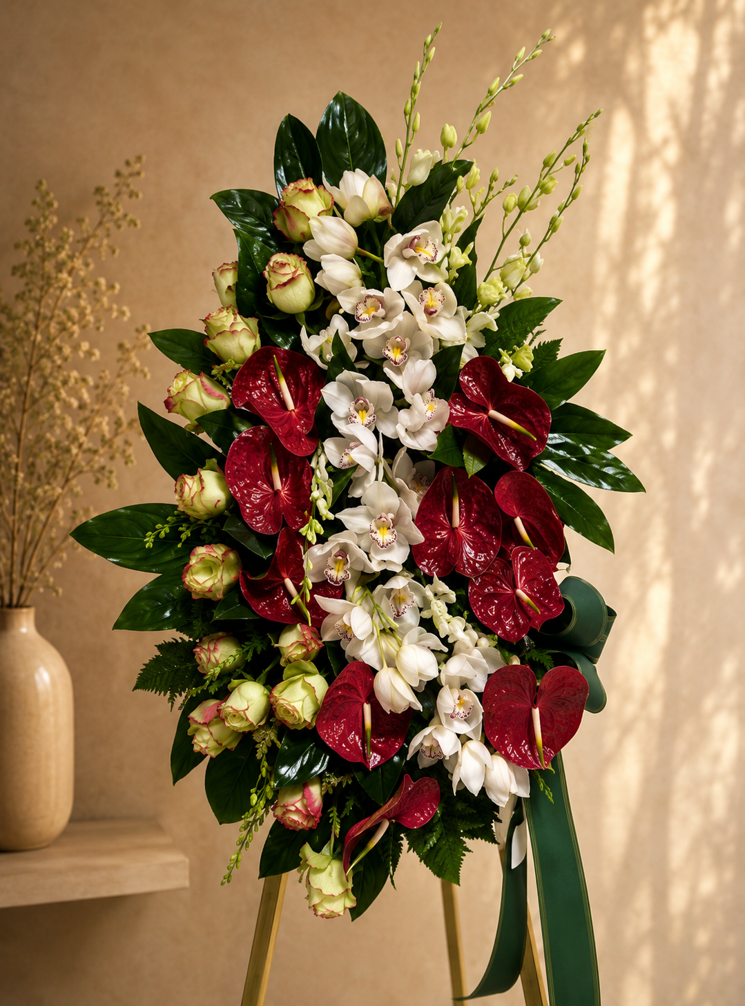Coroa mista de antúrios vermelhos e orquídeas brancas