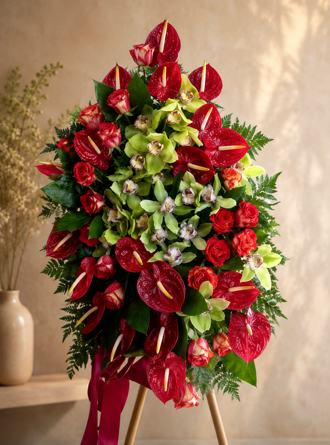 Coroa de antúrios e orquídeas